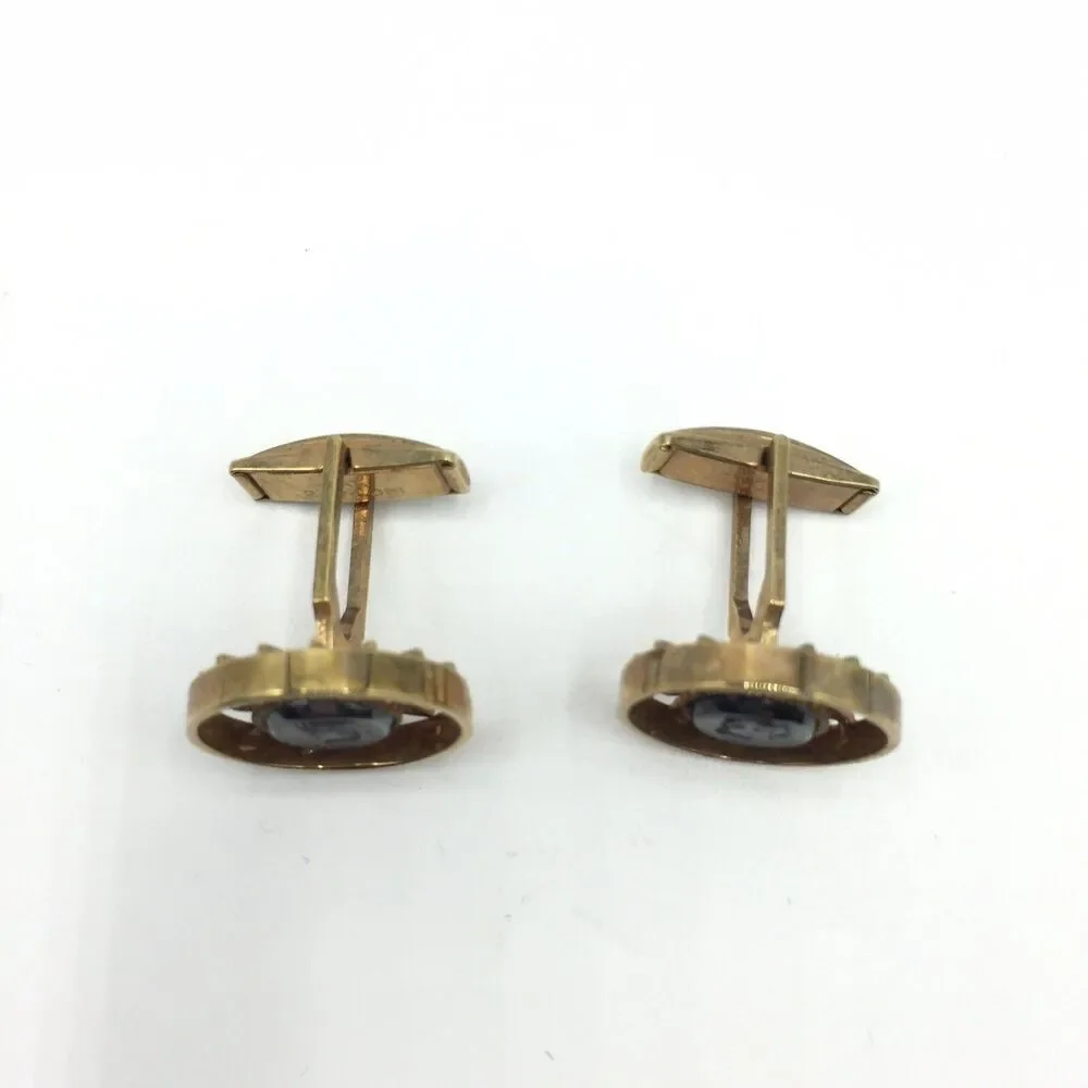 Vtg Gray Roman Soldier Cameo Profile Gold Tone Cufflinks Round Sun Burst 3/4